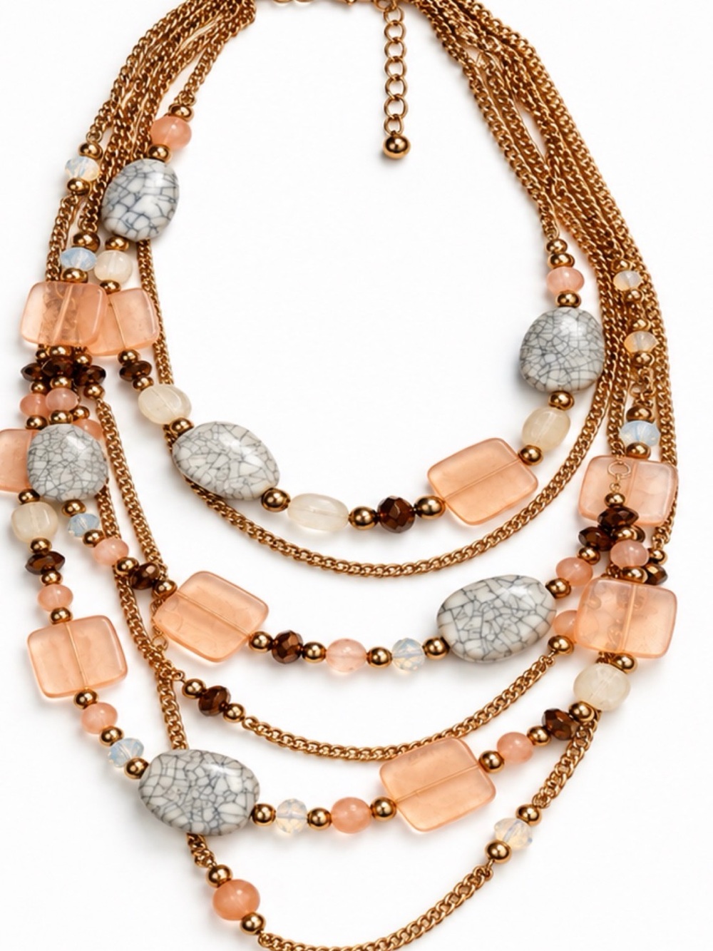 Multi Strand Rose Quartz & Crackle Bead Statement boho Necklace